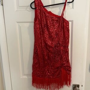 Marc DeFang Red Sequin Fringe Dress